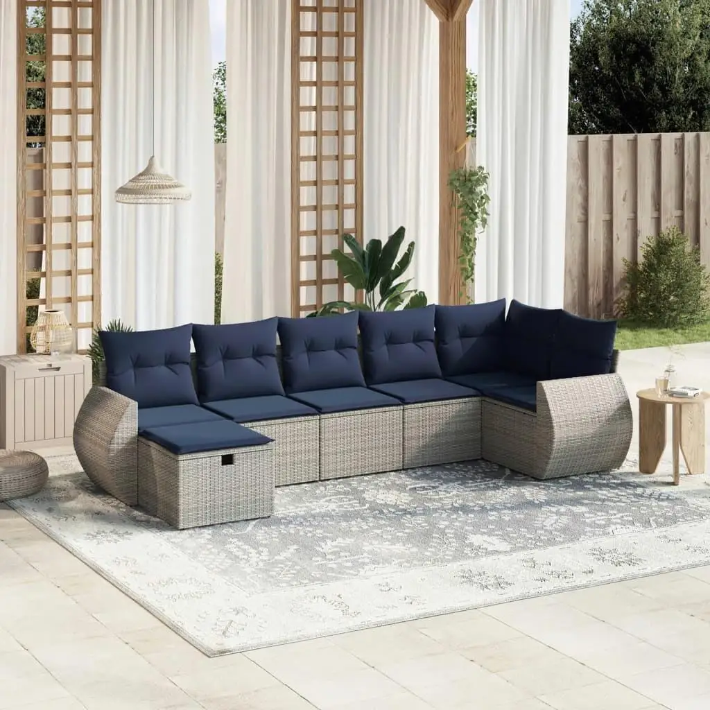 

7 Piece Gray Poly Rattan Outdoor Patio Sofa Set with Cushions Comfortable Garden Furniture