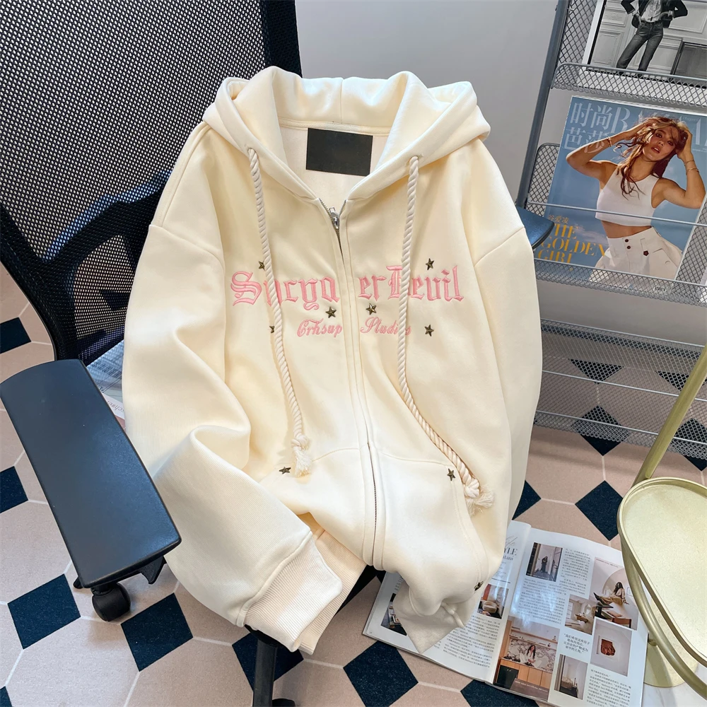 Autumn Winter Cute Hoodies Sweatshirts Jacket Women Kawaii Plush Casual Warm Hooded Wing Female Letter Print Sweatshirt Coats