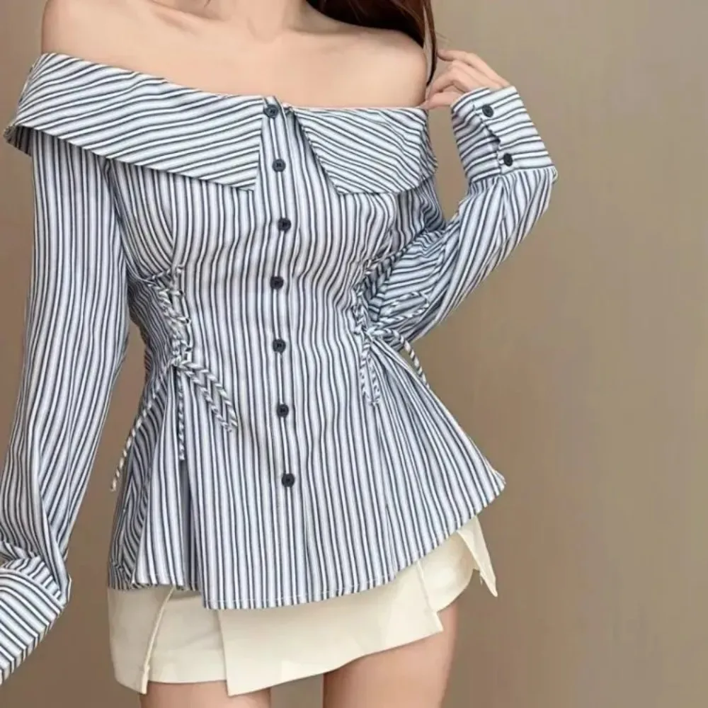 

Chic Long-sleeved Lace-up Design Top One-word Striped Shirt Waist Spring and Summer Design