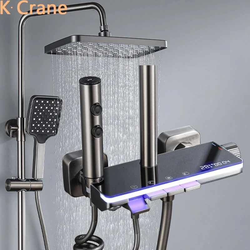 

Atmosphere LED Digital Rain Shower Mixer Faucet Bathroom Hot Cold Thermostatic Mixer Shower System Bathtub SPA Rainfall Bath Set