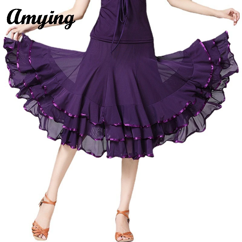 Women Modern Dance Mesh Swing Skirt Latin Dance Skirt Lady Waltz Performance Dress Salsa Tango Dance Practice Training Suit New