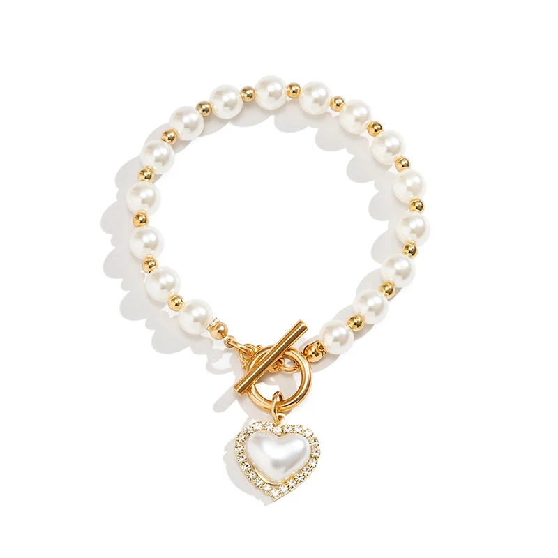 Boho Fashion Bracelets For Women New Vintage Crystal Pearl Heart Pendant Gold Color Jewelry Gift For Female B040