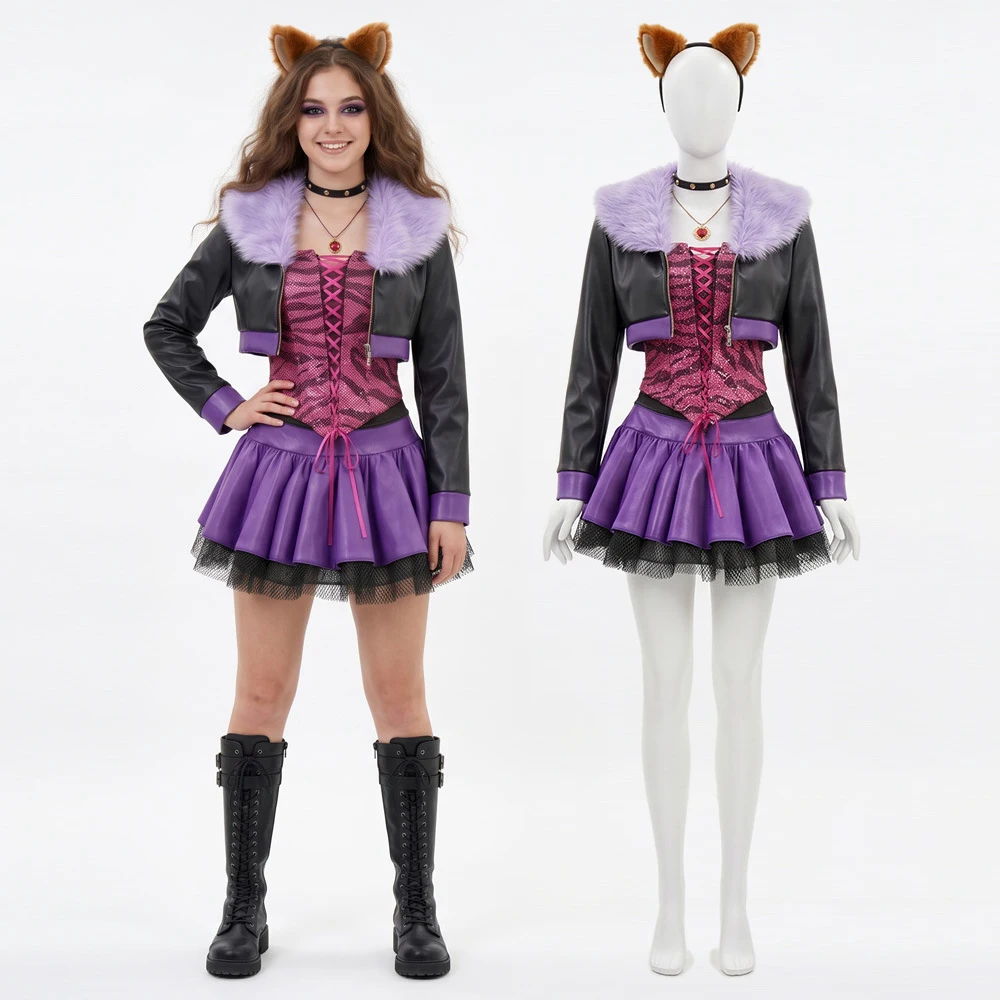 2026 new Clawdeen Wolf Cosplay Costumes Anime Monster School Role Play Uniform Halloween Carnival Party Dress For Women