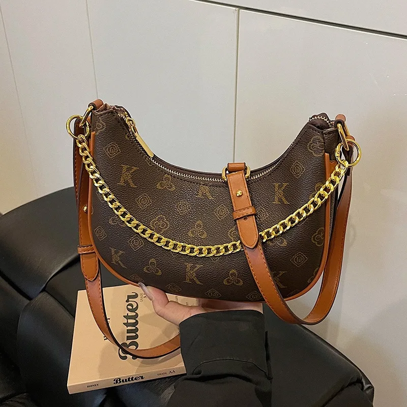 우아한 레트로 숄더백 2025 신상 여성용, 럭셔리 모노그램 프린트 크레센트 백, 모든 경우에 어울리는 패셔너블한 크로스바디