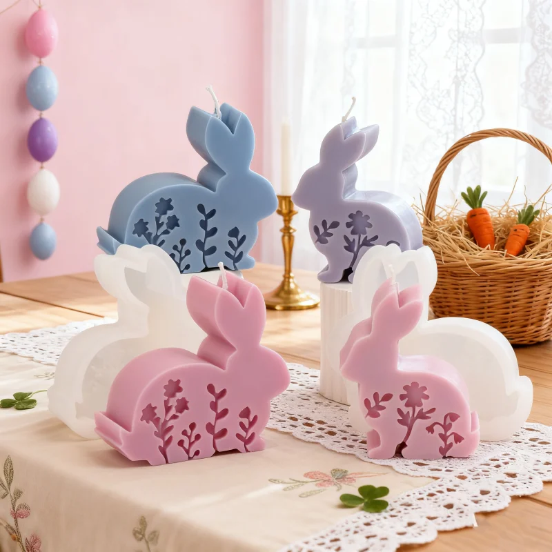 

DIY плоский пасхальный кролик силиконовая форма для свечей 3D рельефный цветок лист кролика в форме ремесла из смолы форма для мыла Happy Feastival домашний декор