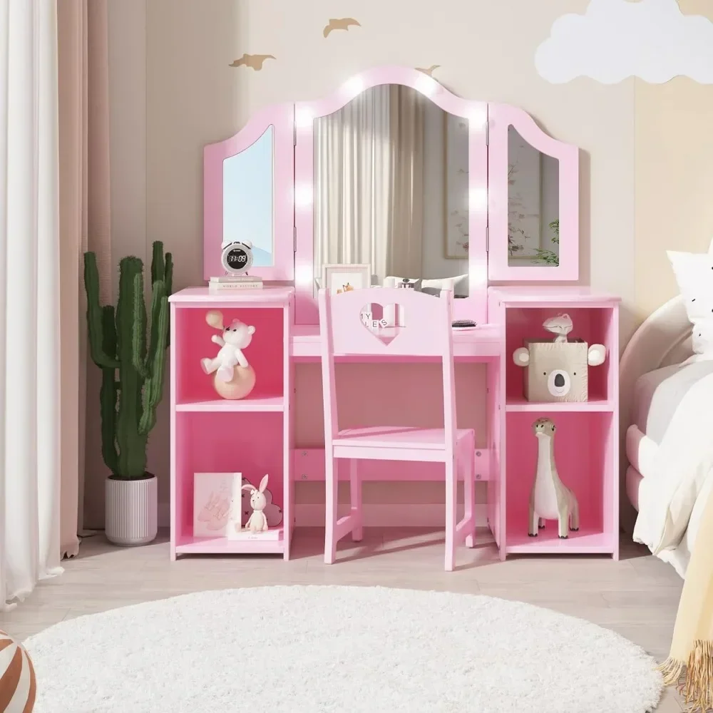 Kids Vanity, 2 in 1 Princess Makeup Desk & Chair Set, Lighted Mirror, Storage Shelves and Cabinet, Pretend Play Vanity Sets