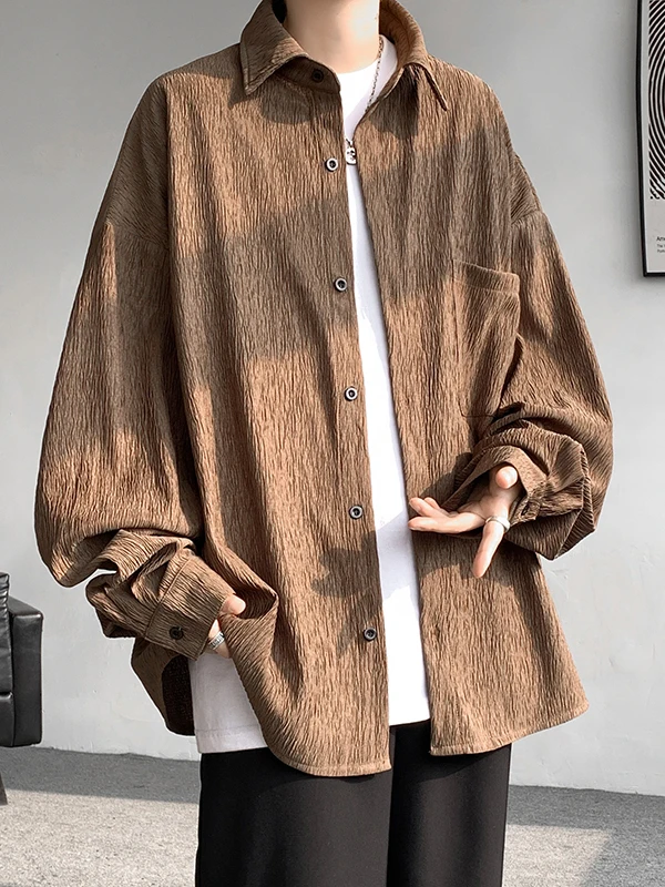 White Textured Long Sleeve Men's Shirt Casual American Sportswear Open Cardigan Outerwear Large Size Loose Shirt for Autumn
