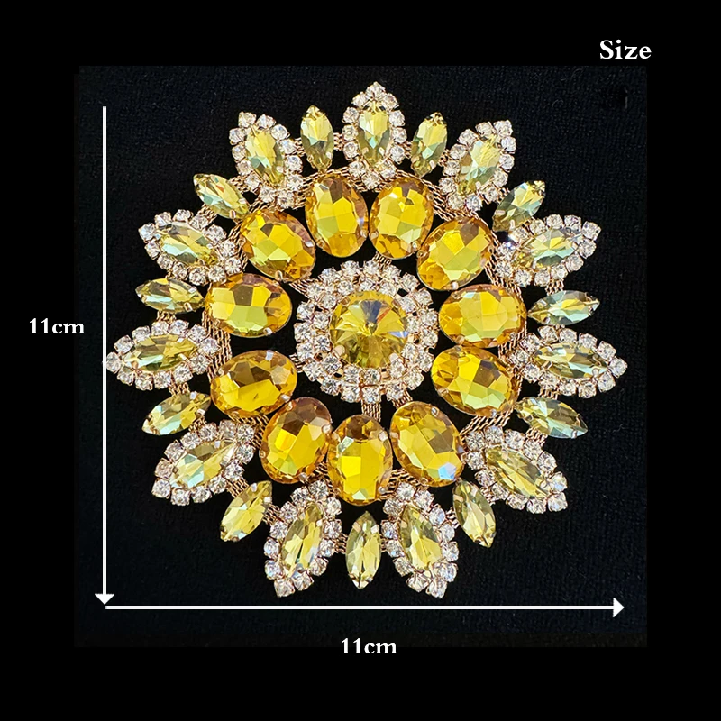 Fiore di strass per cucire in vetro di cristallo superiore giallo dorato, strass a Base d\'oro da 11cm, fai da te/abiti da sposa/accessorio per