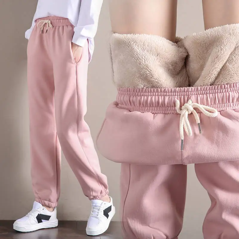 ​​Women's Fleece Lined Joggers Winter Plush Pants High Waist Adjustable Drawstring Lounge Street Comfortable Casual Trousers​​