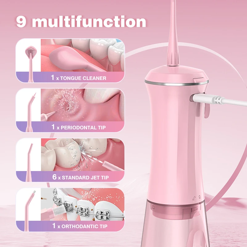 Dental Water Flosser with Replacement Tips,350ml Water Tank,5 Modes,Portable Cordless USB Oral Irrigator for Healthy Teeth,Pink