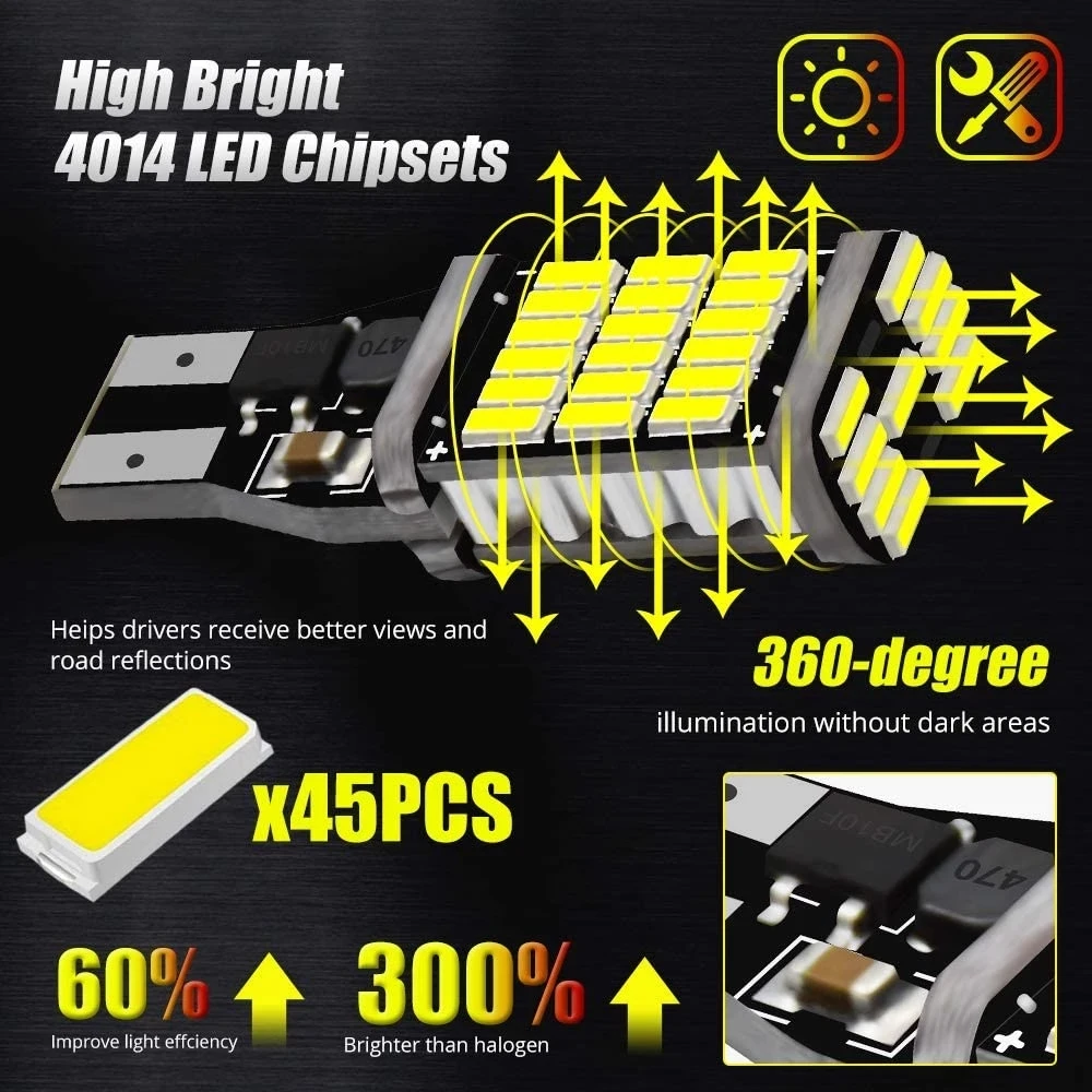 1PCS T15 W16W 921 912 T16 902 LED Bulbs High Power 45pcs 4014SMD Super Bright 1200LM Replace For Car Reversing Light White