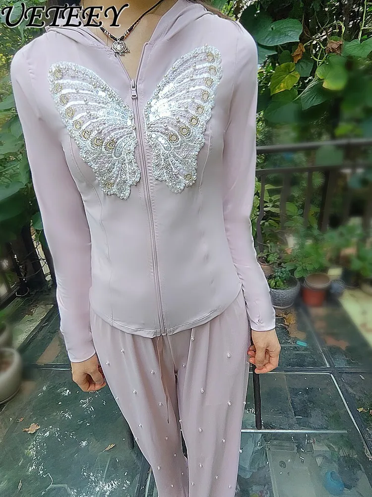 

Роскошная облегающая рубашка с бабочкой и жемчугом, расшитая бисером, солнцезащитная рубашка, приталенная куртка с капюшоном и длинные брюки, повседневный комплект