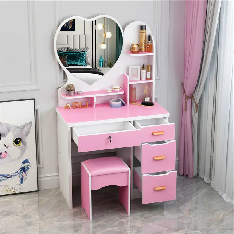 Makeup Table Furniture  Vanity Table with Drawers Mirrored Dresser Furniture Bedroom Modern Wooden vanity desk with light mirror