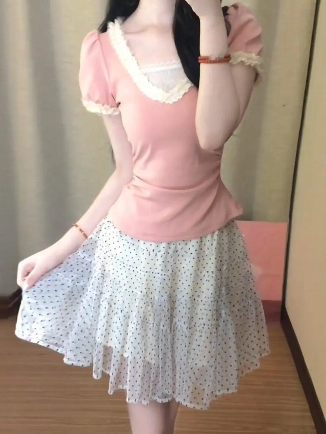 

Summer New Style Women's Lace Splicing Dot Halter Top Skirt Set Slimming High Waist Bubble Sleeve Short Dress Casual Date