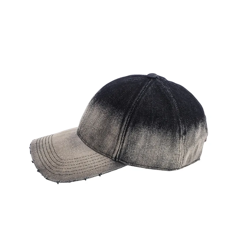 Gradient Washed Denim Baseball Cap Men Women Distressed Frayed Adjustable Retro American Streetwear Duck Tongue Hat Vintage
