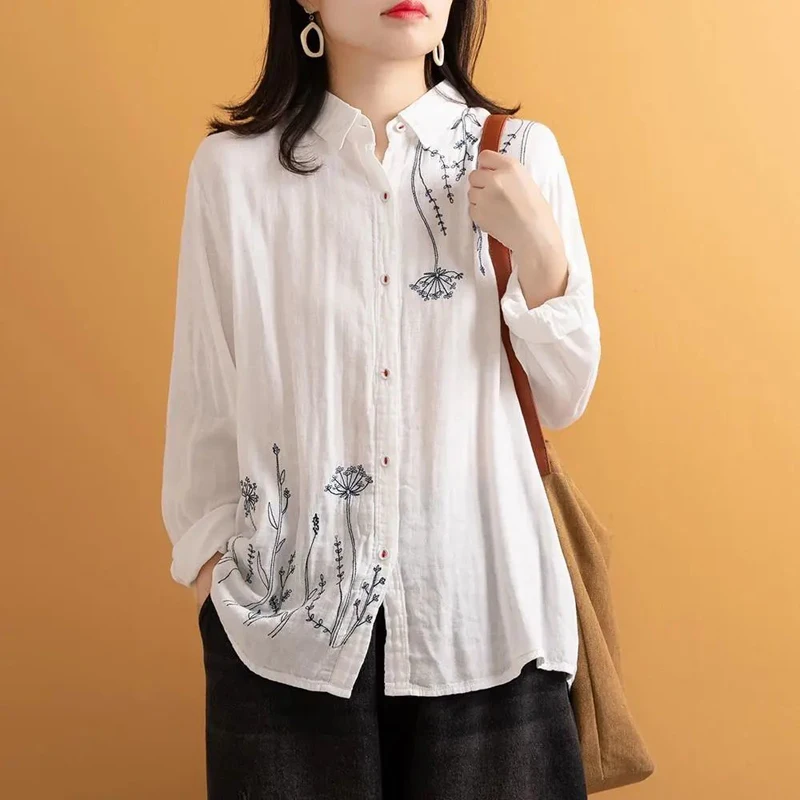 Vintage Embroidery White Simple Cotton Button Up Shirt Comfortable Casual Long Sleeve Loose Tops Blouses for Women Clothing 2023