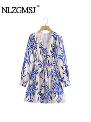 TRAF Print Shirt Dress Woman Mini Dress Women Long Sleeve Casual Dresses for Woman Streetwear Female Dress