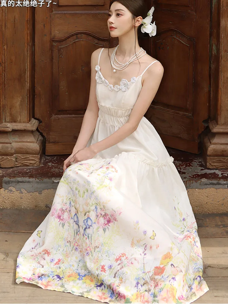 Vintage Boho Mode Lange Kleider Für Frauen Sommer Blume Drucken Chiffon Hohe Taille Casual Urlaub Party Kleid Vestidos 2025, Neue