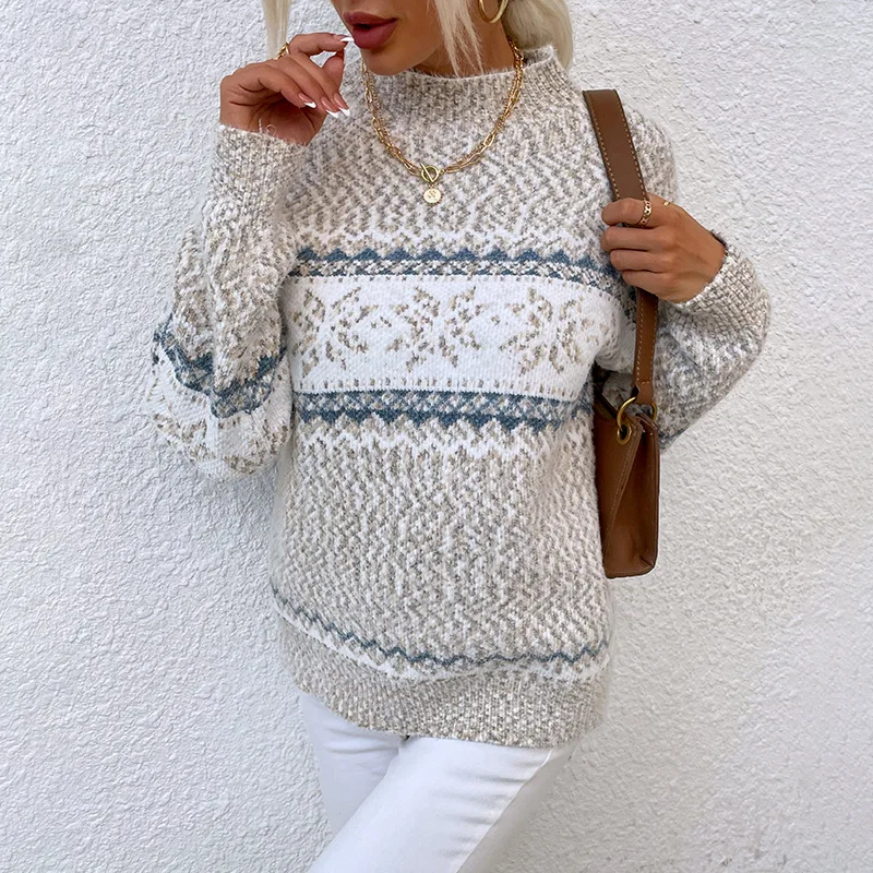 2024 Autumn/Winter New Product Christmas Knitted Sweater Half High Collar Snowflake Sweater for Women