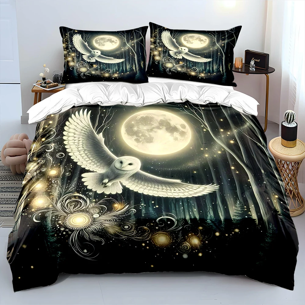 Flying white owl in moonlit forest Print Bedding Set 1 Duvet Cover 2 Pillowcases for Adult and Children Luxury Gift Full Size