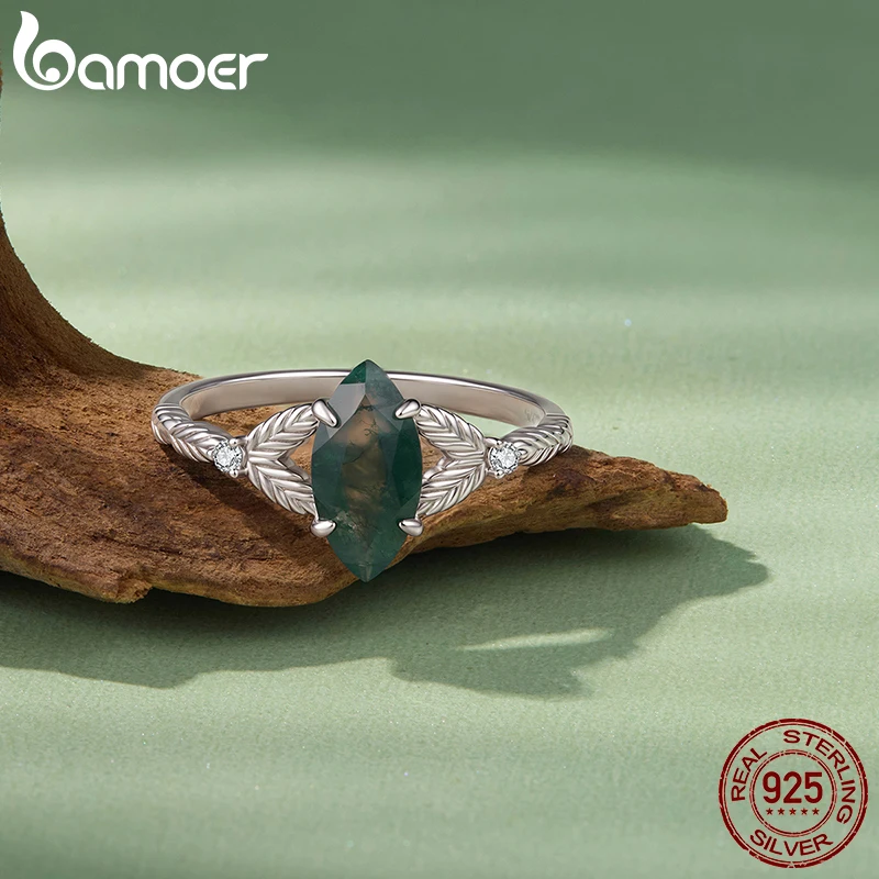 BAMOER Natural Moss Agate Leaf Ring 925 Sterling Silver Stackable Plants Rings Set for Women Party Fine Jewelry Gift 6