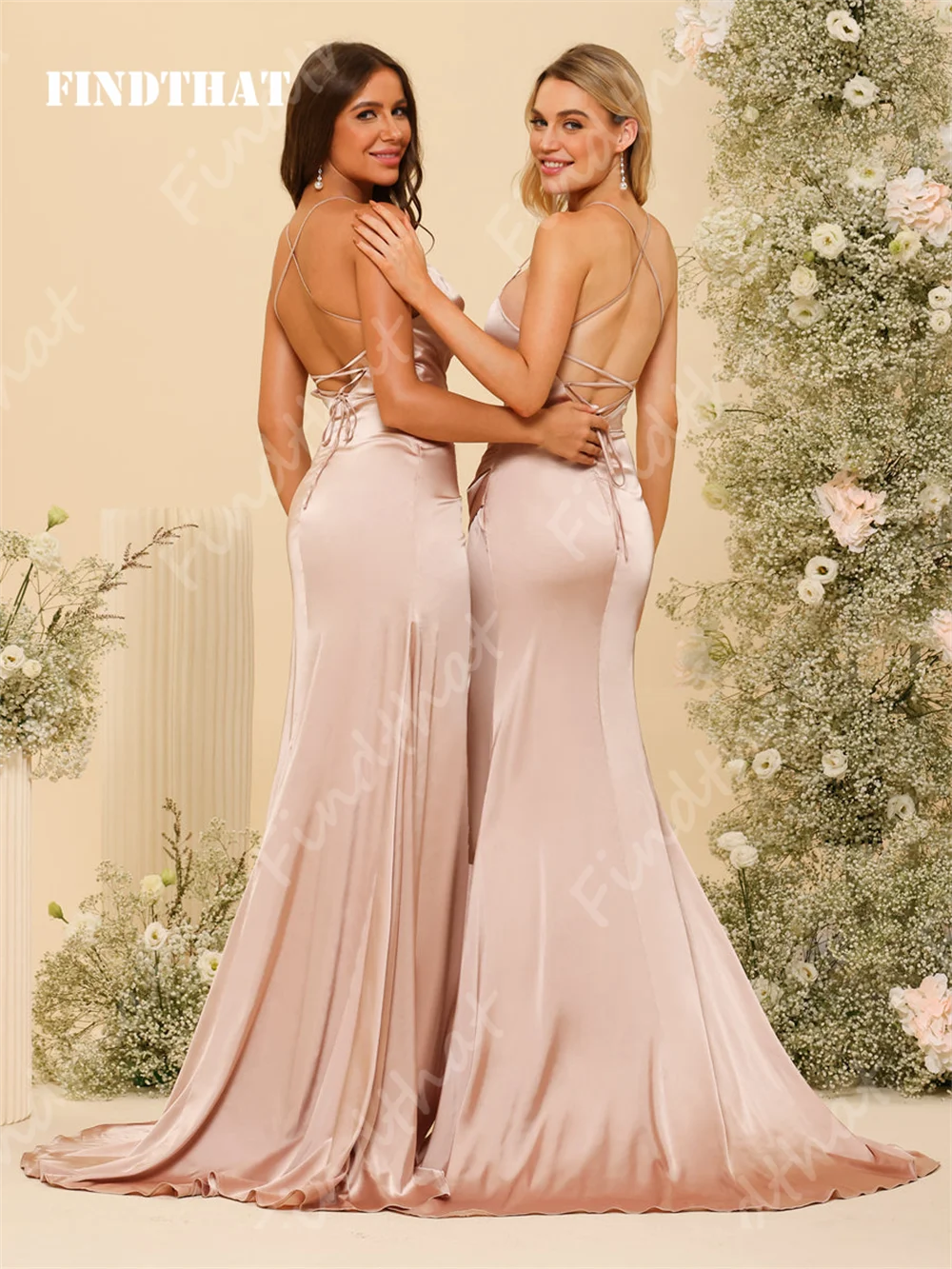 Findthat Women's Mermaid Bridesmaid Dresses Halter Ruched Neck Silk Satin Backless Evening Dress Party Prom Gowns Side Slit 2024