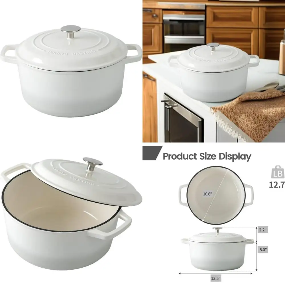 

6-Quart White Enamel Cast Iron Dutch Oven Pot with Lid, Ideal for Sourdough Bread Baking, Round Pot with Dual Handles, Perfect f