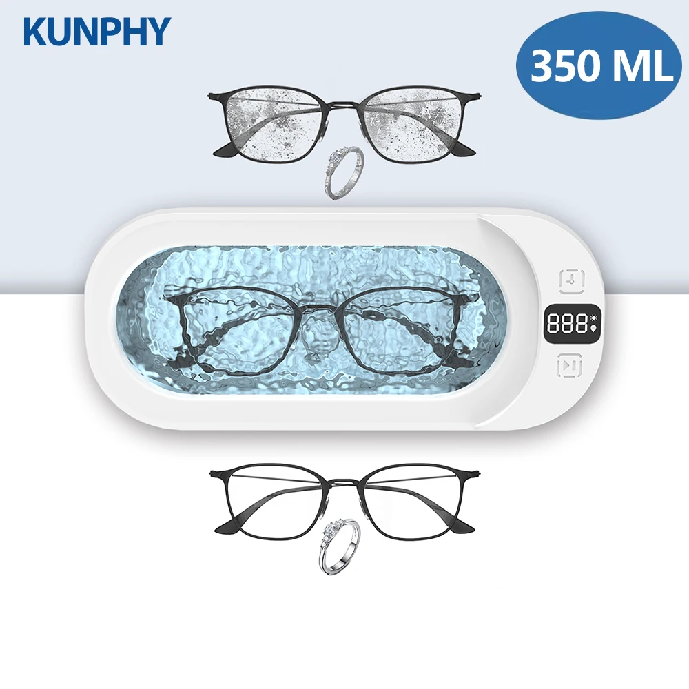 KUNPHY Sonic Jewelry Cleaner 350ML 48KHz Jewelry Cleaning Machine with 3 Cleaning Modes Digital Timer for Glasses Earring Ring