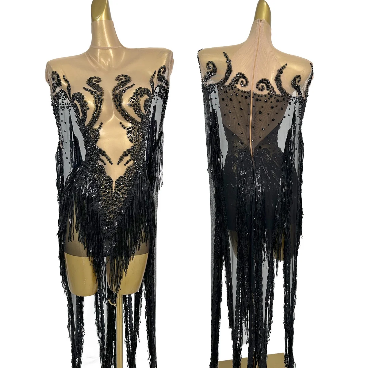 

Sexy Women See Through Mesh Long Tassel Rhinestone Dress Sexy Women Event Party Dance Outfit lub Drag Queen Performer Wear Wuyu