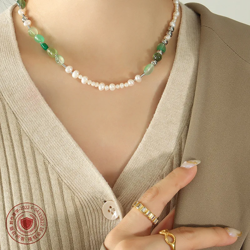 【Mirrordust】Naszyjnik z pereł słodkowodnych, naturalnego kamienia i tytanu, z koralikami, biżuteria vintage dla kobiet