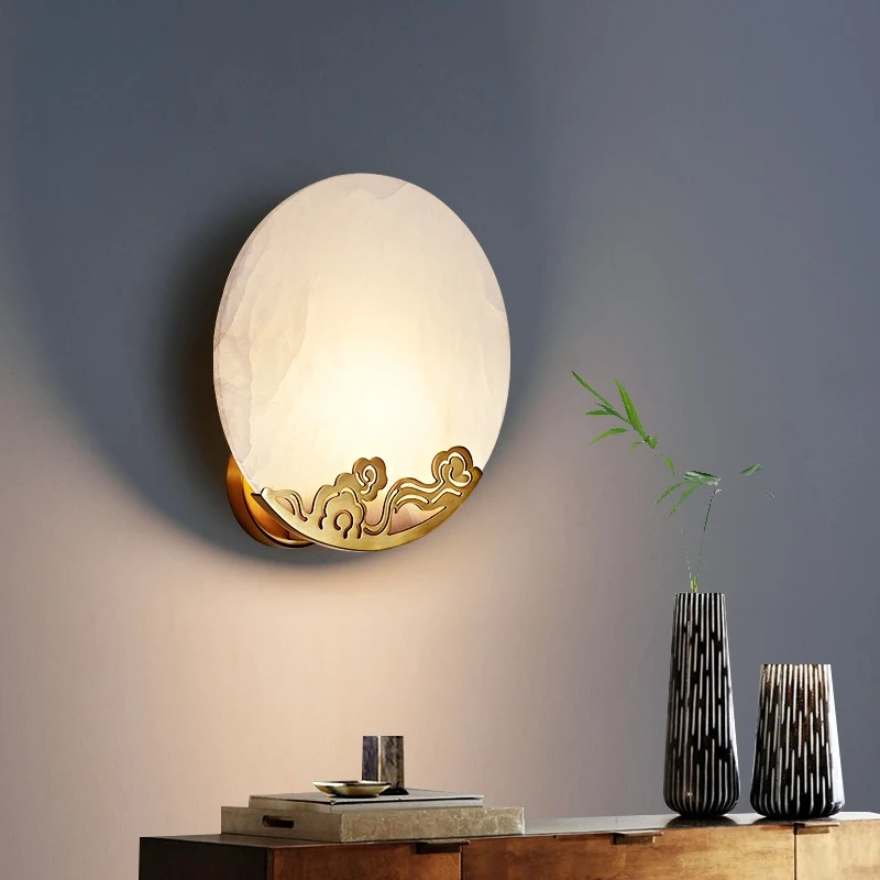 

Wall Lamp Living Room Background Wall Bedroom Bedside Lamp Natural Marble Chinese Style Lighting New Chinese Style All Copper