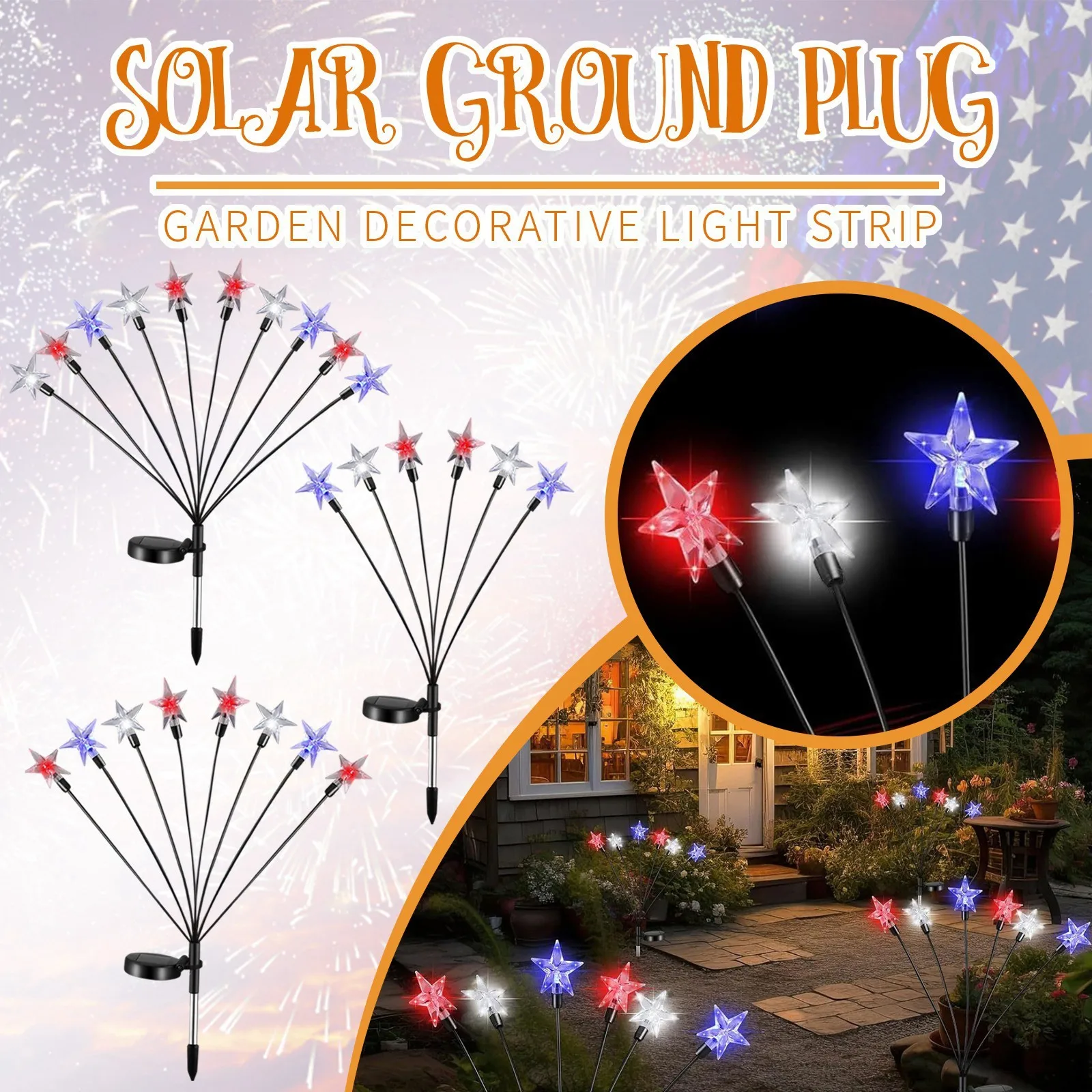 

4th Of July Solar Ground Lights Patriotic Star String Lights Red White Blue Solar Powered Garden Lights Yard Lawn Pathway Patio