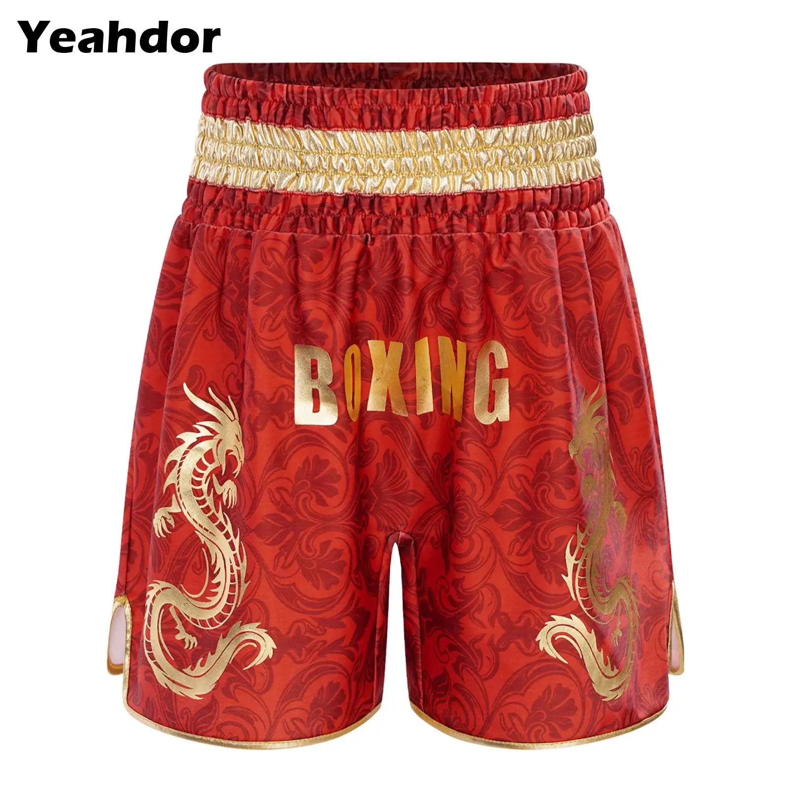 Unisex Kids Metallic Letter Dragon Printed Boxing Shorts Wide Elastic Waistband Boxer Kickboxing Martial Arts Training Trunks