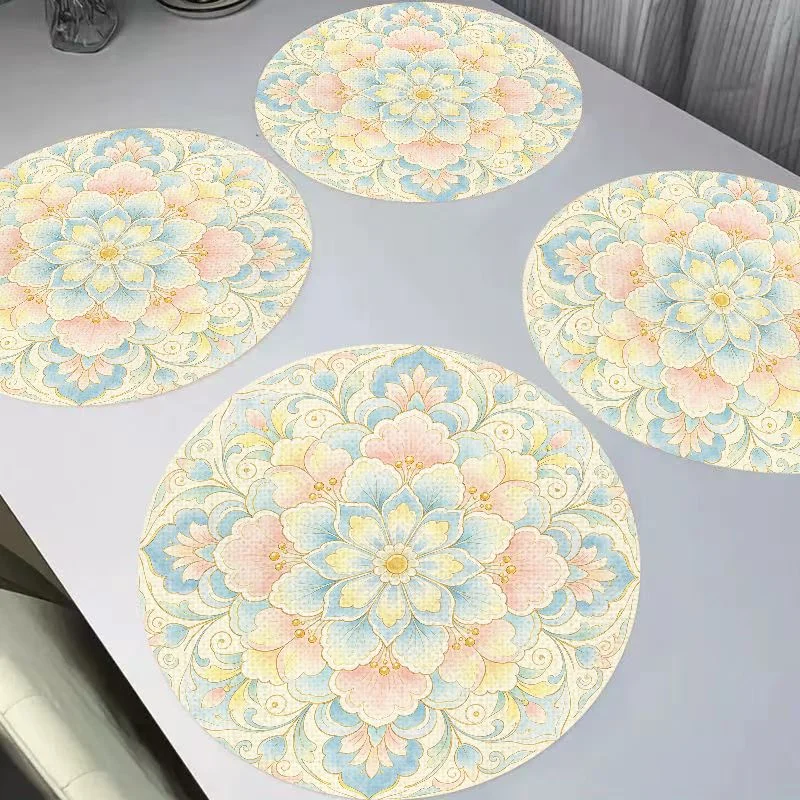 VIKAMA New Chinese Warm Gold Mandala Flower Round Flax Meal Mat Insulation and Wear resistant Table Mat Desktop Decoration