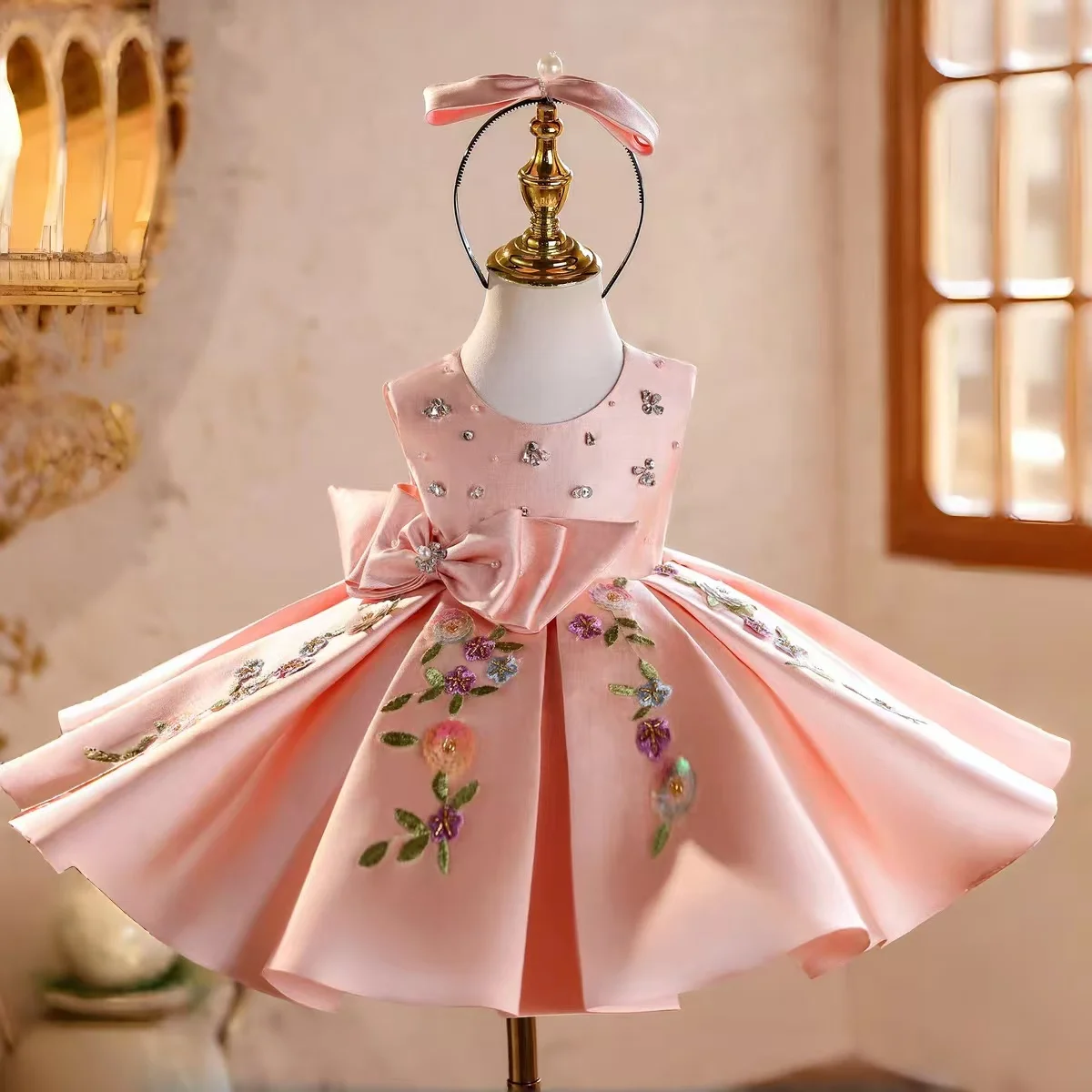 

Jill Wish J843 Luxury Pink Girl Dress with Bow Flowers Satin Knee Length for Children Wedding Birthday Party Pageant Ball Gown