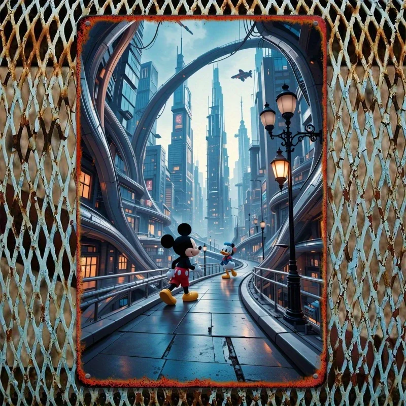 [مسطح] قطعة واحدة من فن الحائط المعلق بالحديد مقاس 8 × 12 بوصة - مغامرة مدينة ميكي ودونالد داك المستقبلية، حضري نابض بالحياة والمغامرة