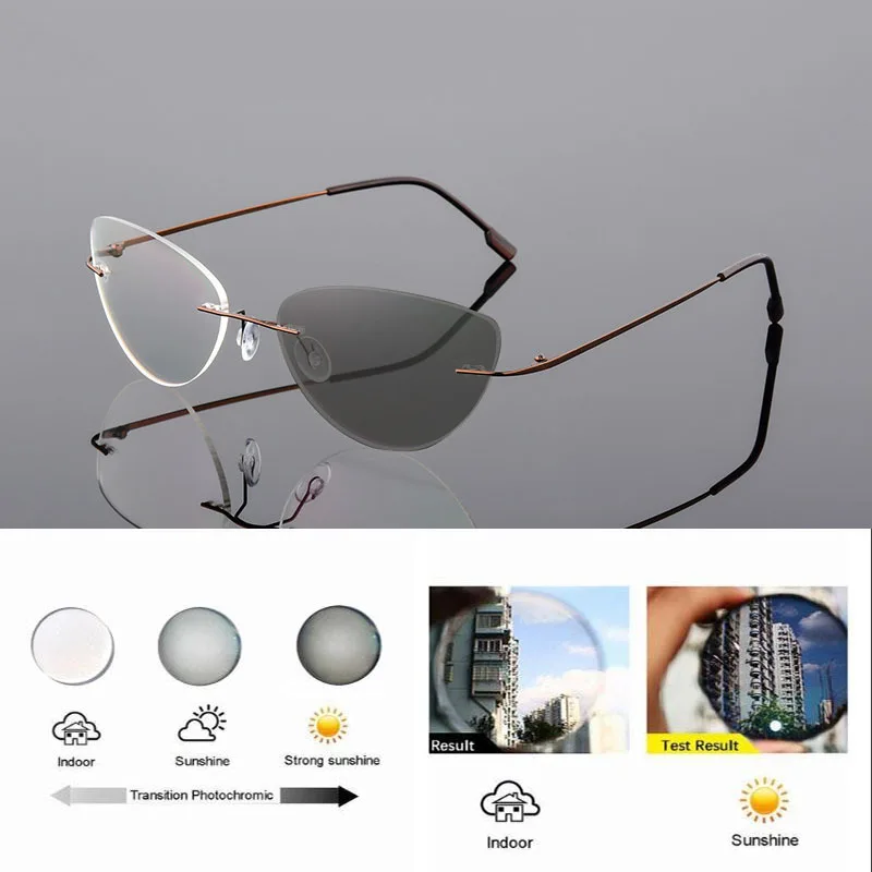 Randlose Memory Titan Legierung Photochrome Lesebrille Frauen Cat Eye Rezept Presbyopie Brillen Klare Verfärben Gläser – Detail 9