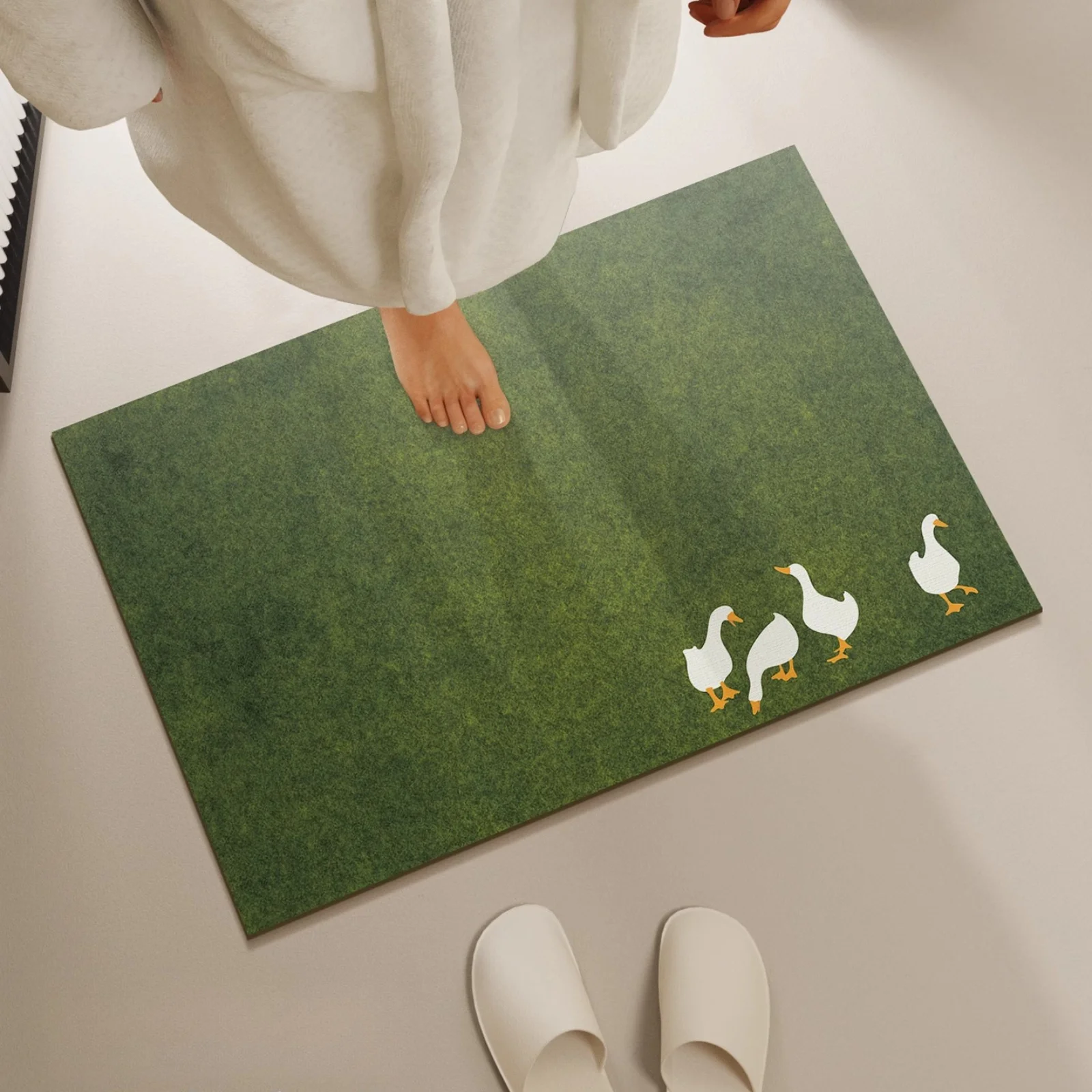 Cute White Geese Doormat Green Grass Texture Rug Non-slip Floor Mat for Entrance Living Room Bedroom Home Decor Carpet