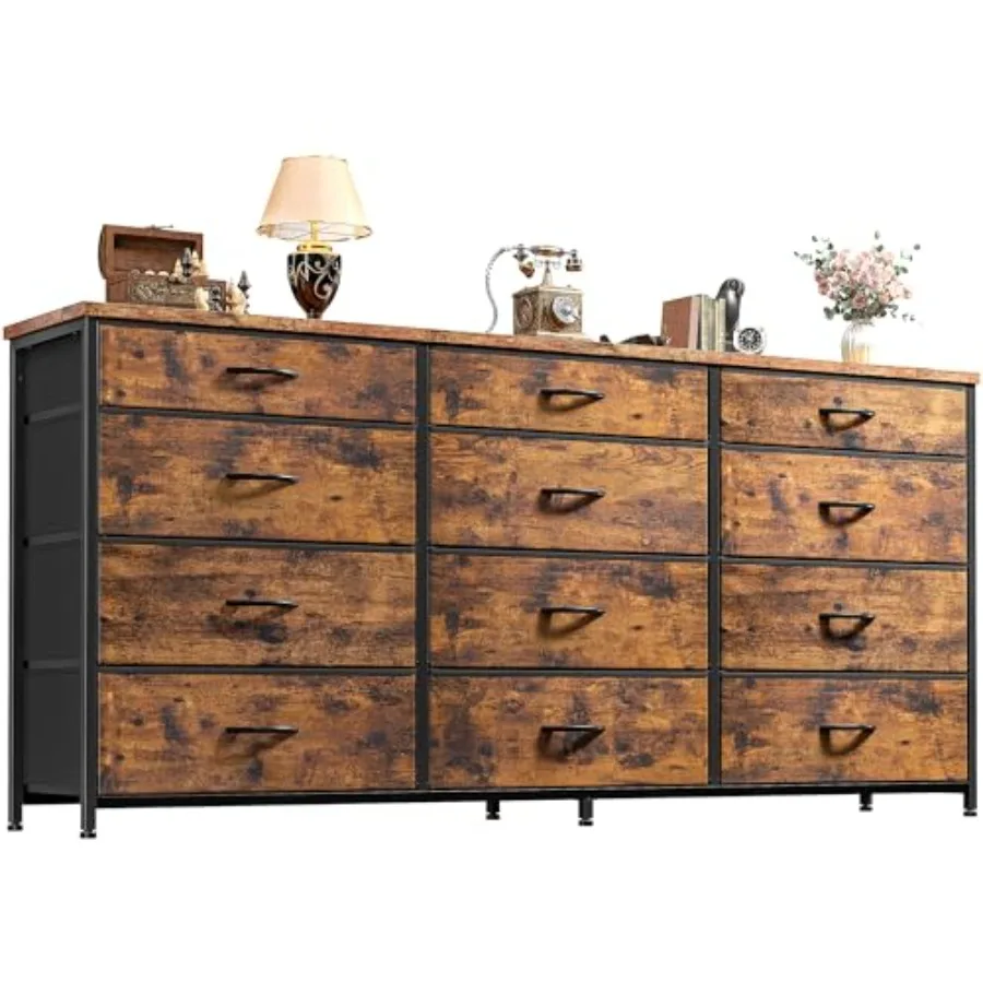 55 Bedroom Dresser with 12 Fabric Drawers Entertainment Center for 60 Inch TV Large Organizer in Rustic Brown Metal Frame with