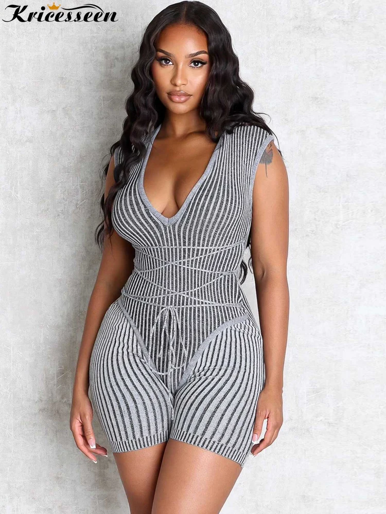 

Женский сексуальный трикотажный комбинезон Kricesseen в рубчик с полосками, без рукавов, с V-образным вырезом, на шнуровке, облегающий, летний, с шортами-байкерками, комбинезон-плейсют