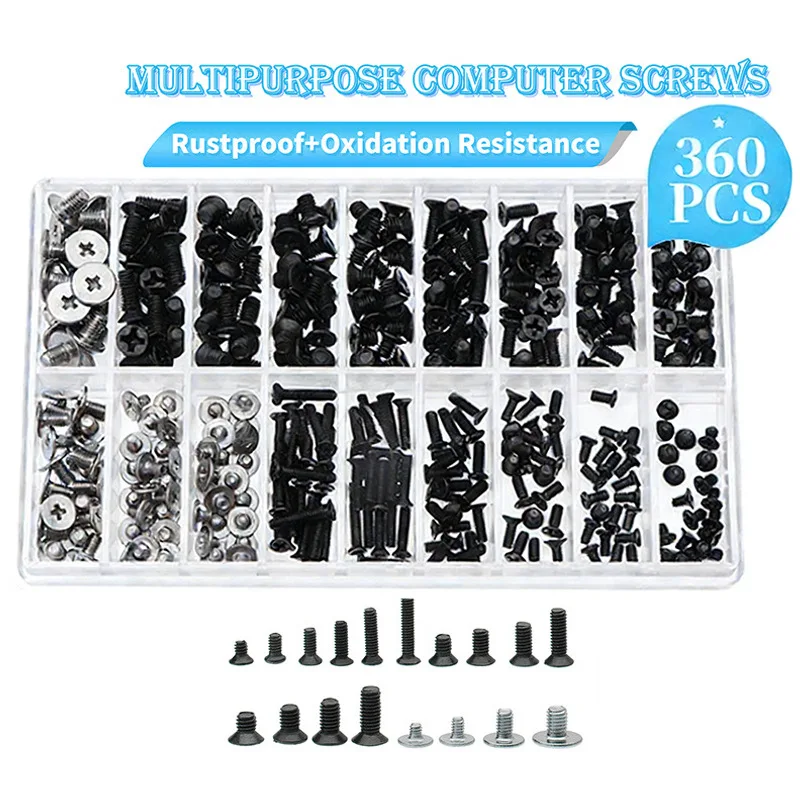 Kit de Parafusos de Cabeça Cônica Zincados Pretos M2, M2.5 e M3 (360 Peças) para Reparo de Notebooks e Computadores - Sortimento de Fixadores Pequenos