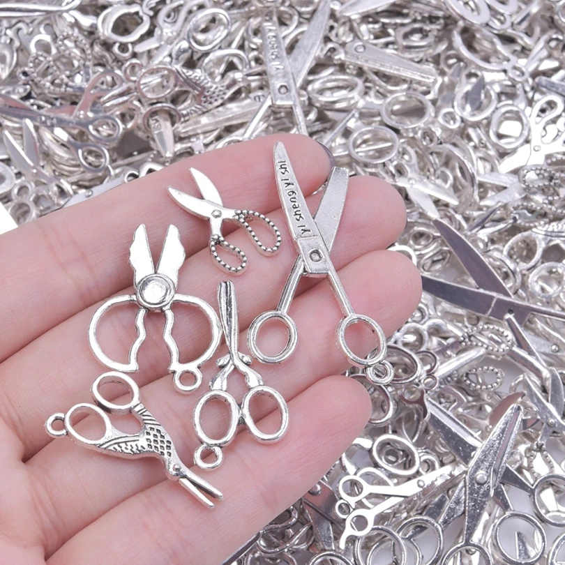 Wholesale Mix Scissors Charms For Jewelry Making Supplies Metal Sewing Tools Pendant Silver Color DIY Materials To Make Keychain