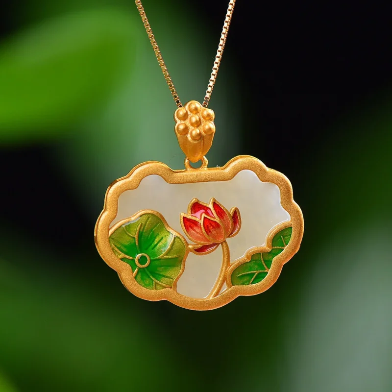 

Inlaid Hetian Jade Enamel S925 Silver Auspicious Ruyi Lock Women'S Necklace Pendant