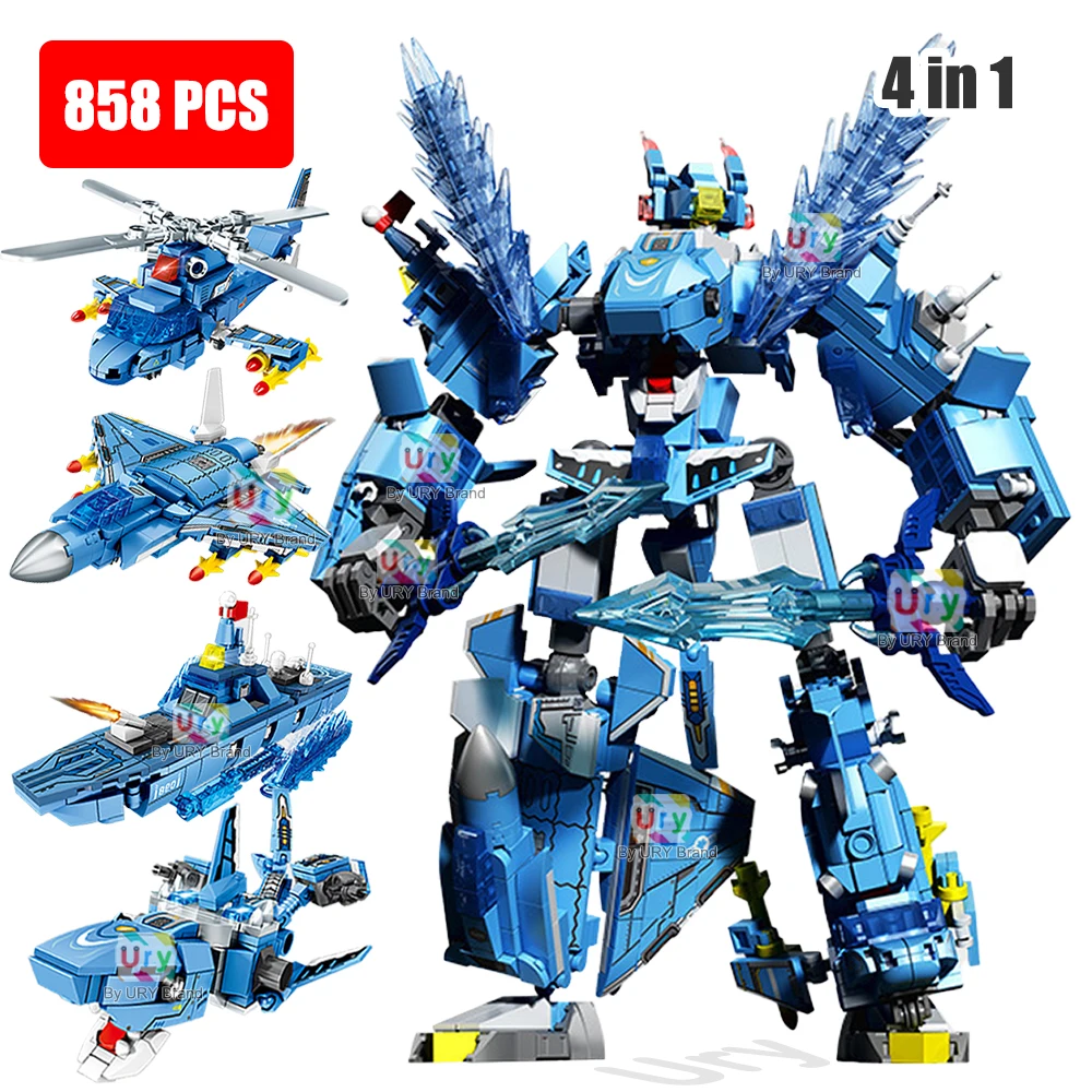 4in1 Ninja Movie Blue Snake Warrior Robot Mecha Battleship Helicopter Aircraft Shark Model Building Blocks Toy for Kid Boy Gift