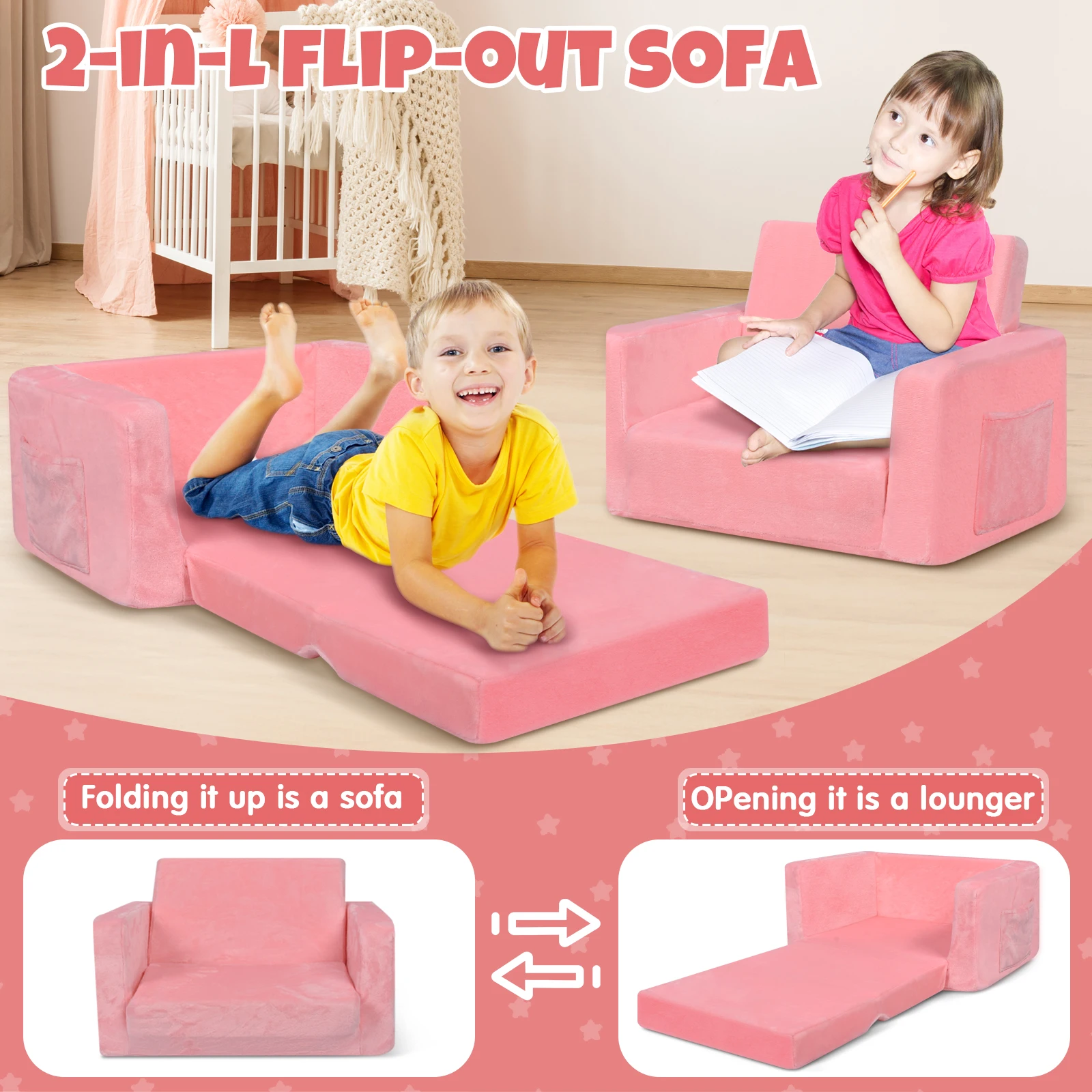 

Kids Couch - 2-in-1 Toddler Soft Sherpa Couch Fold Out - Toddler Chair Comfy - Convertible Sofa to Lounger with Cute Pattern Des