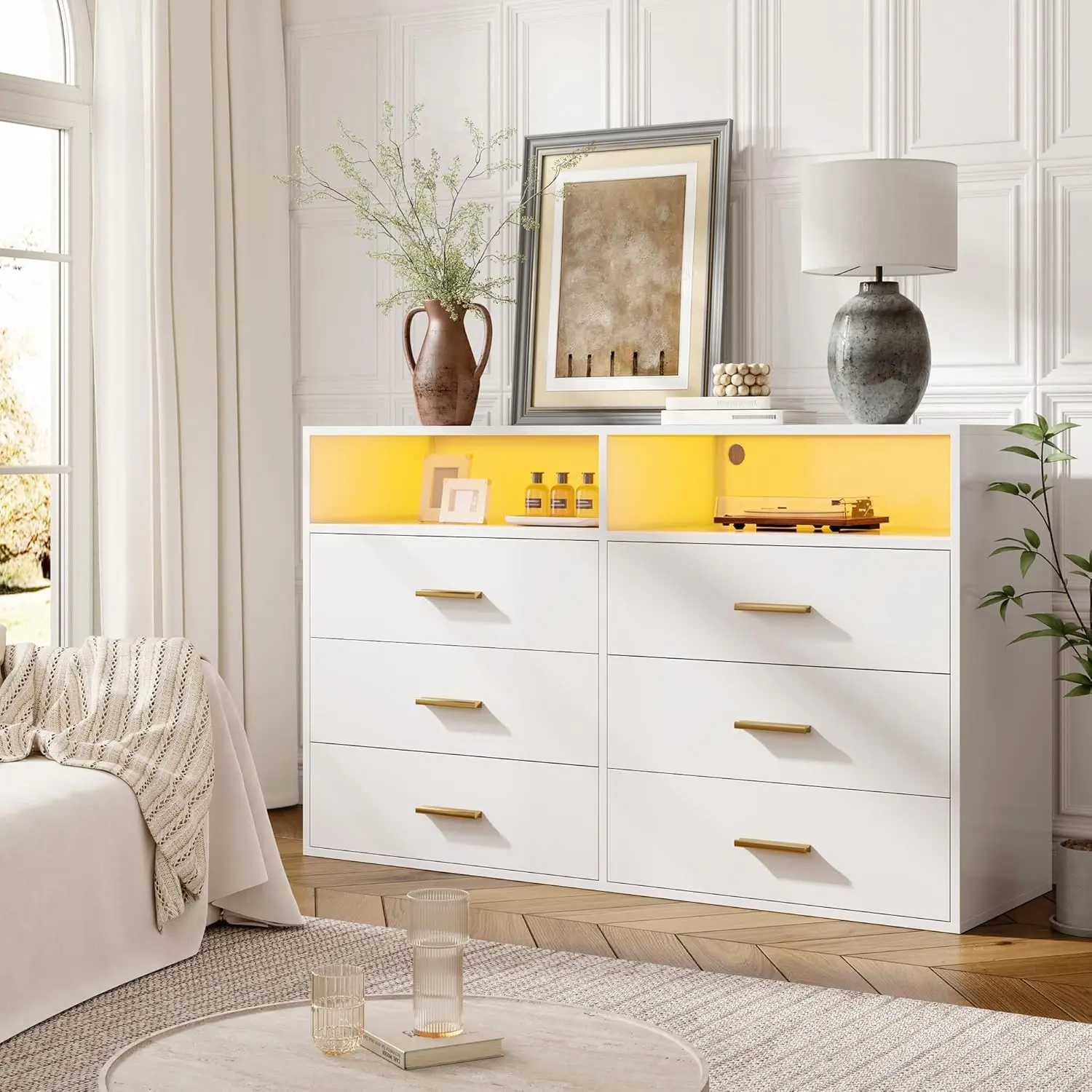 Commode à 6 tiroirs pour chambre à coucher Commode moderne blanche avec lumières LED, grand meuble TV, couloir, 47,3' L x 39,4' H x 15,8' D