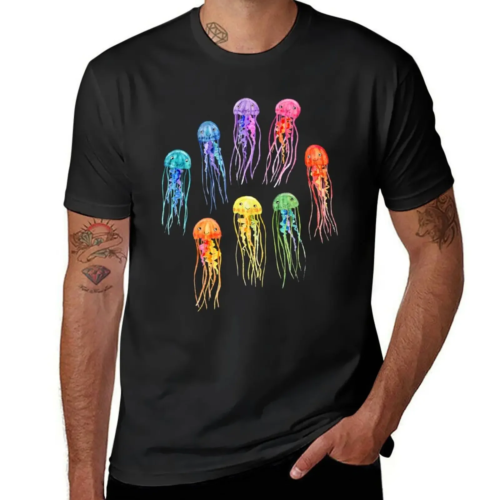 Rainbow Watercolor Jellies on Dark Teal T-Shirt graphic shirts cute clothes Men's t shirts