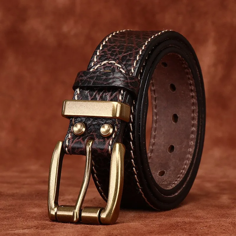 Thickened leather embossed rugged belt for men top layer guy style
