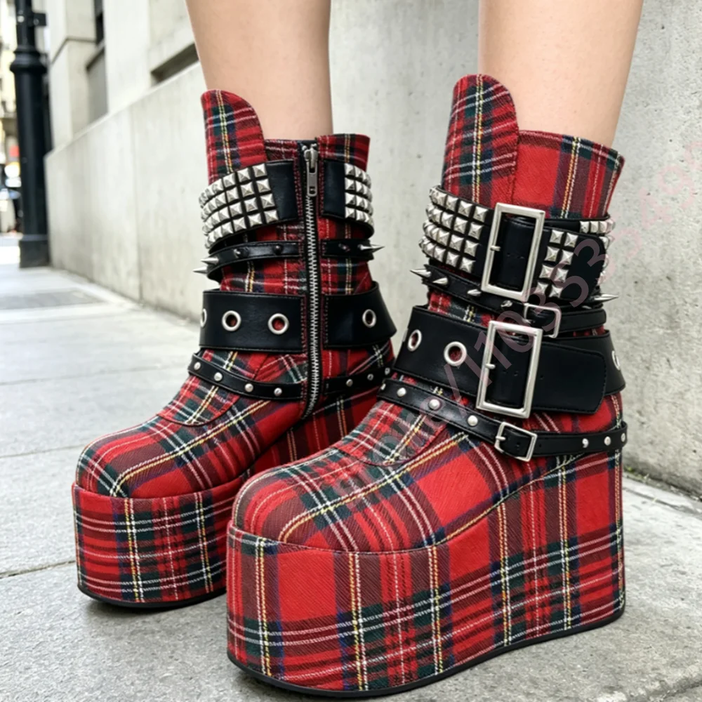 Women Red Plaid Wedge Platform Ankle Boots Multi‑Buckle Stud Spike Decor Side Zipper Punk Gothic Rock Cosplay Party Fashion Boot view 5