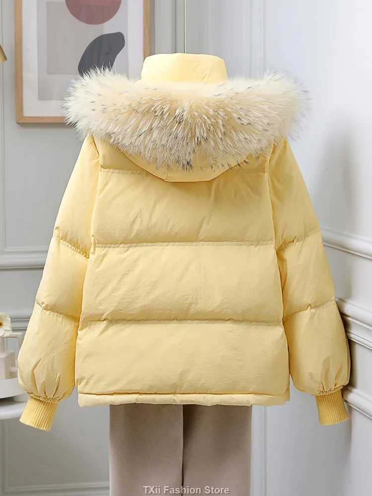 TXii 2023 Winter Women Natural Raccoon Fur White Duck Down Coat Female Hooded Warm Puffer Jacket Loose Parkas Snow Outwear